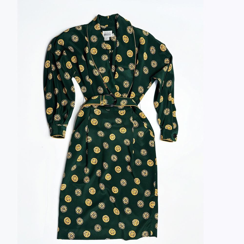 Vintage Leslie Fay Long Sleeve Printed Belted Faux Wrap Midi Dress 4 Petite - Picture 2 of 16
